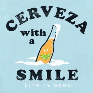 LIFE IS GOOD Men's MEDIUM Blue CERVEZA With A SMILE T-Shirt TEE ~ BRAND NEW!
